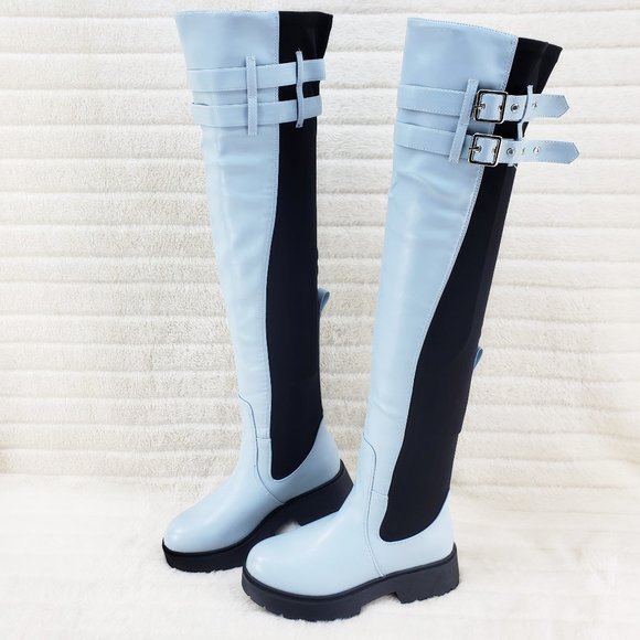 Cape Robbin Shoes - Techno Baby Blue Lycra Stretch Lug Sole Thigh High Combat Rider Brand New